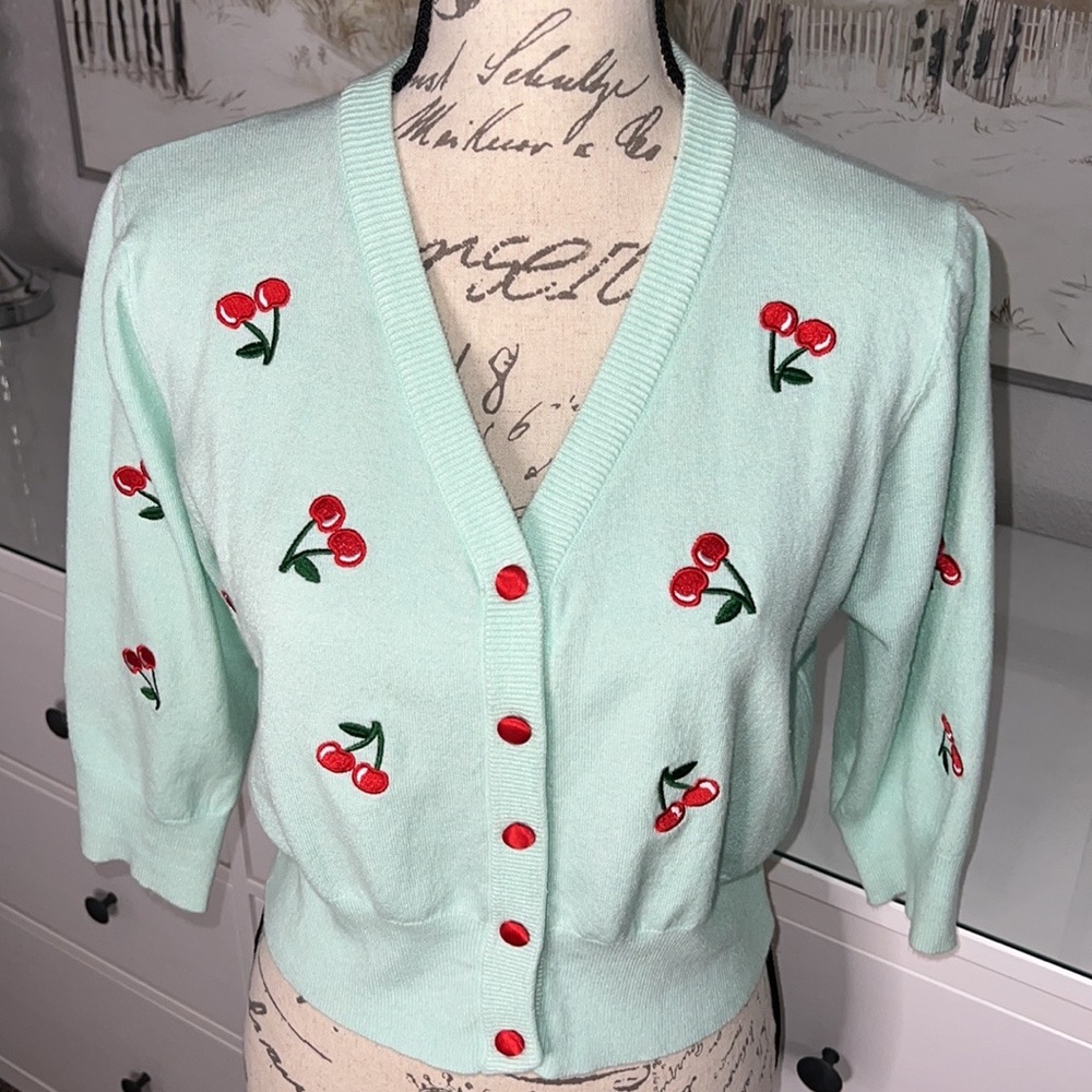 Belle Paque 🍒 Sweater Elegant Retro Cropped Cardigan 3/4 Sleeves & Cherries 🍒